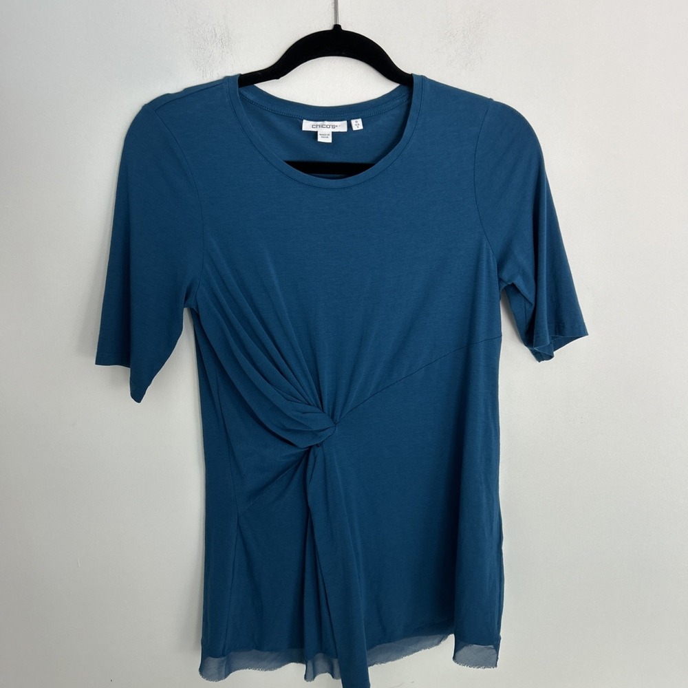 Chicos Size 0/S Teal Blue 3/4 Sleeve Pleaded Knot Tie Sheer Hem Dressy Or Casual